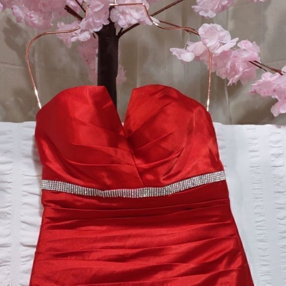 Red Strapless Mermaid Gown with Rhinestone Embellished Front Band - Picture 4 of 16